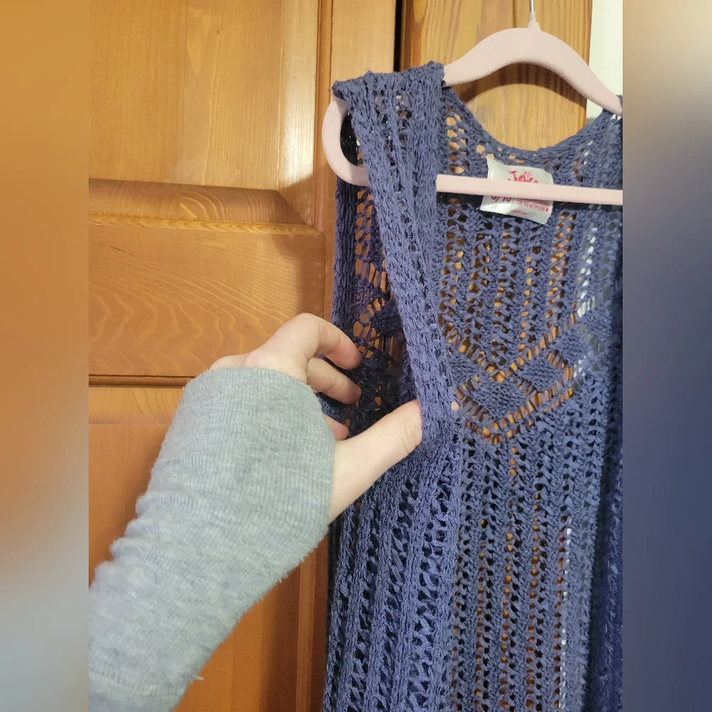 Girls Justice Long Crochet Knit Fringe Open-Front Vest Cardigan Dusty Blue 8/10